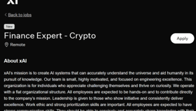 머스크의 xAI, 시급 100달러 크립토 금융 전문가 원격 채용…AI 모델 고도화 나서