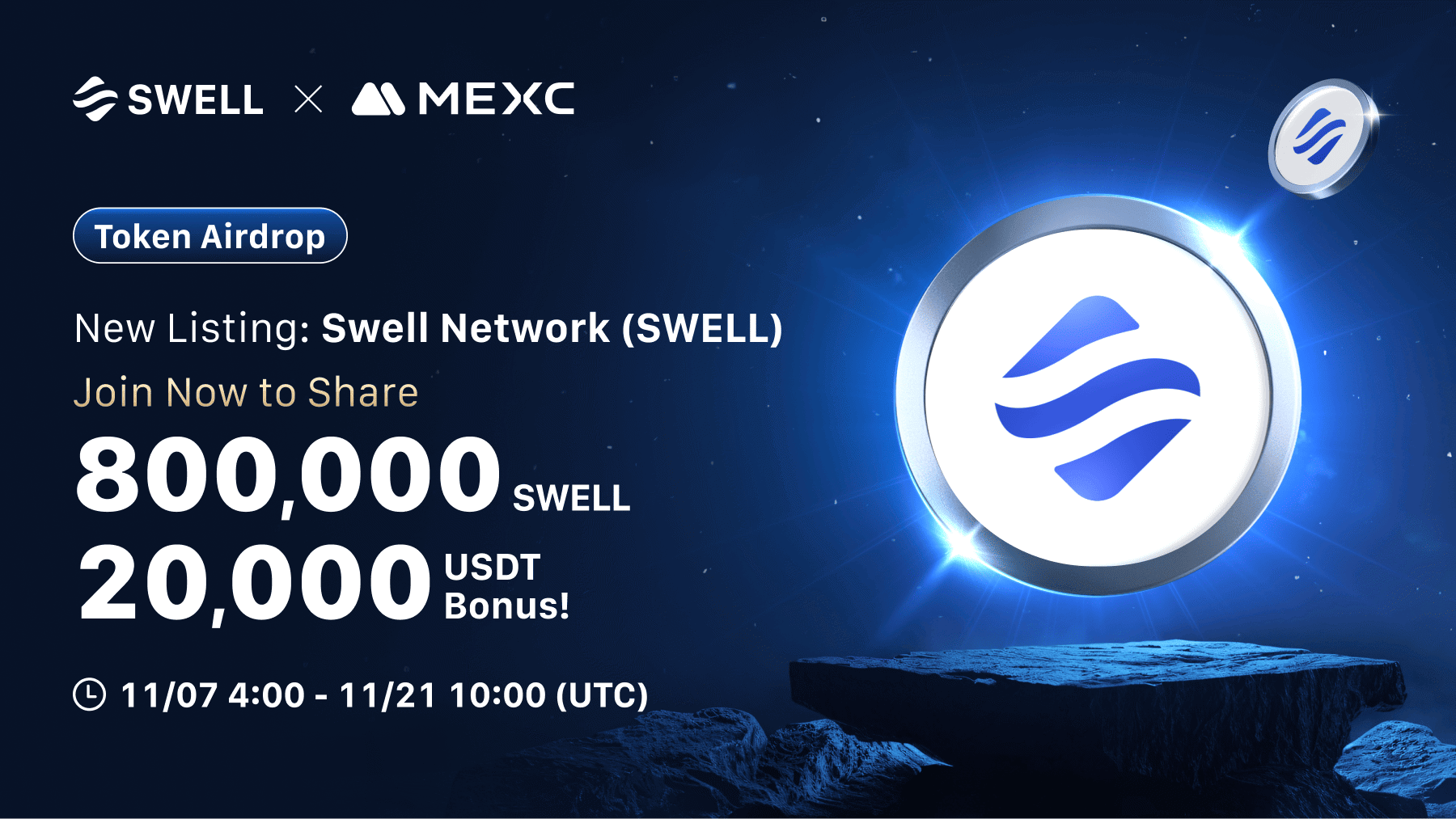 Token Airdrop｜Celebrate the Launch of Swell Network (SWELL) with a 800,000  SWELL & 20,000 USDT Bonus Prize Pool! - MEXC Global | CoinCarp